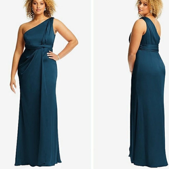 NWT Dessy Collection ONE-SHOULDER DRAPED EMPIRE WAIST TRUMPET GOWN ATLANTIC BLUE - Picture 1 of 7